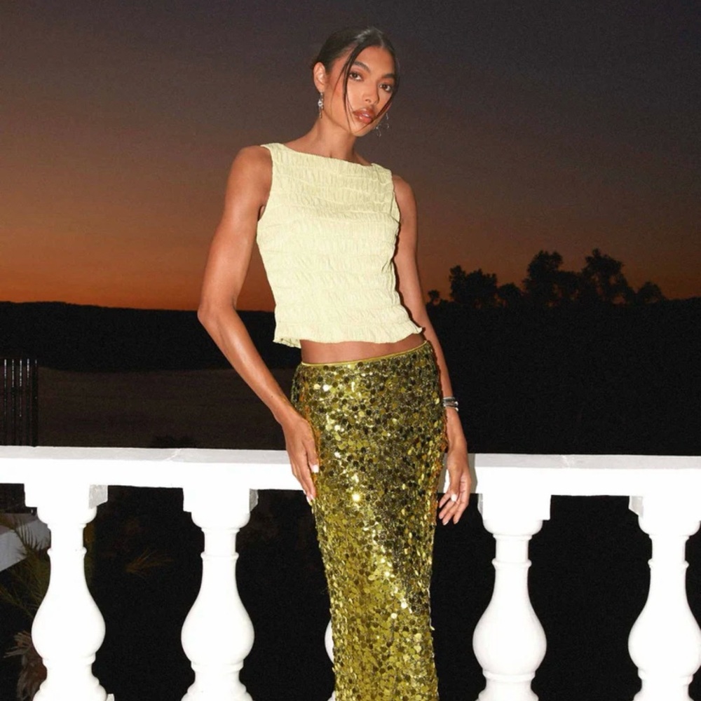 Peppermayo Perfect Places Low Rise Sequin Maxi Skirt and Ruffle Tank